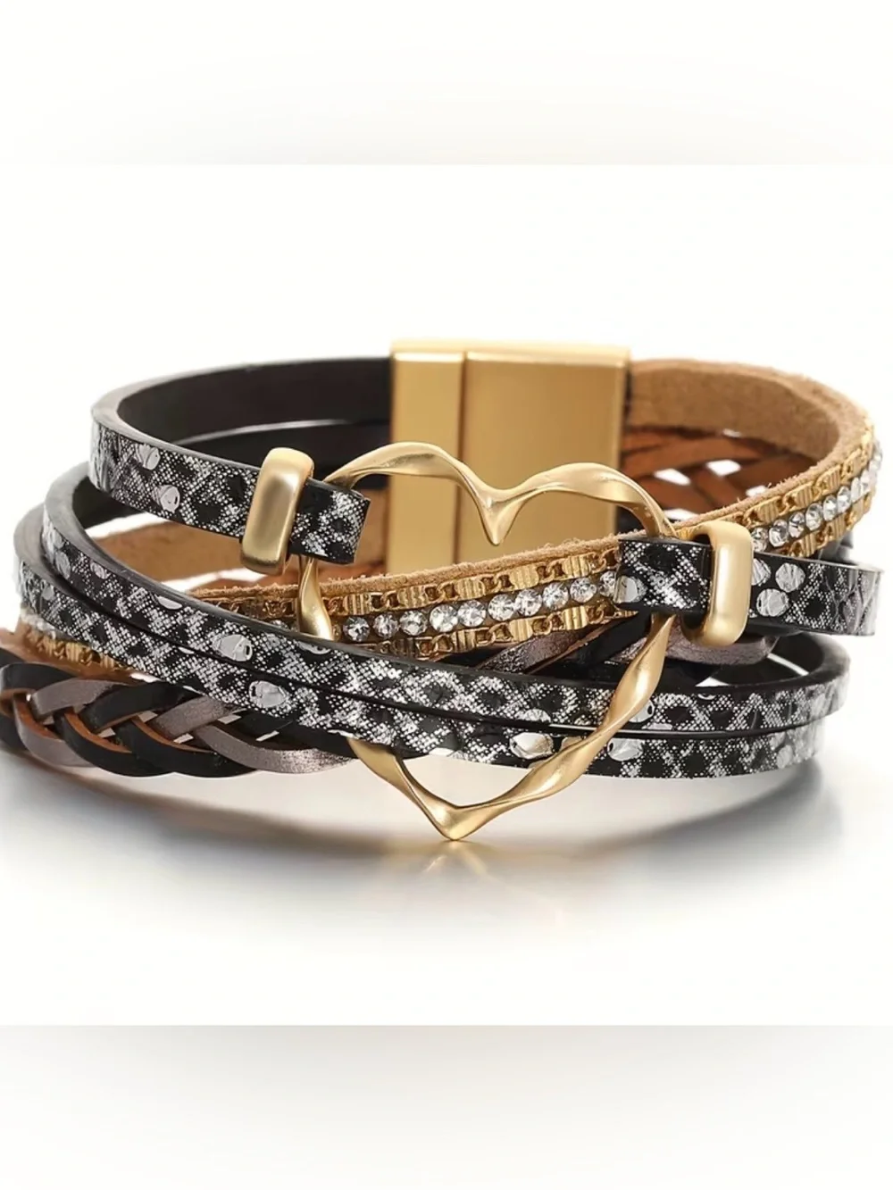 {NWT} Gold Heart Multi-Strand Bohemian PU Leather Women's Bracelet